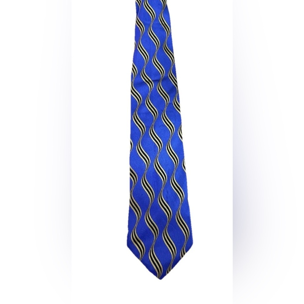 Emilio Romano Mens Silk Necktie Blue Gold Wave Stripe Handmade in Italy